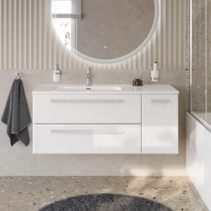 Тумба под раковину без столешницы Cezares Eco Cer-N 120 L 2 ящика, 1 дверца, bianco lucido, ручки сатин, подвесная, глянцевая