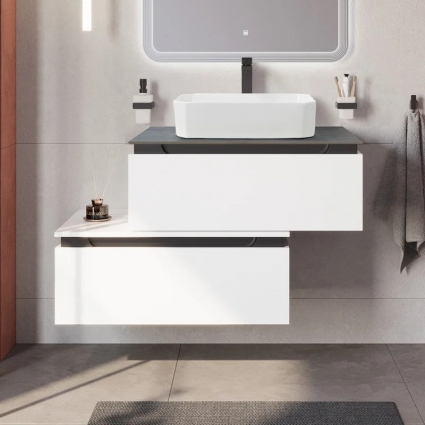 Тумба с раковиной Cezares Slider 80 подвесная, 2 ящика, bianco opaco, со столешницей marmo nero opaco, матовая, с доводчиками