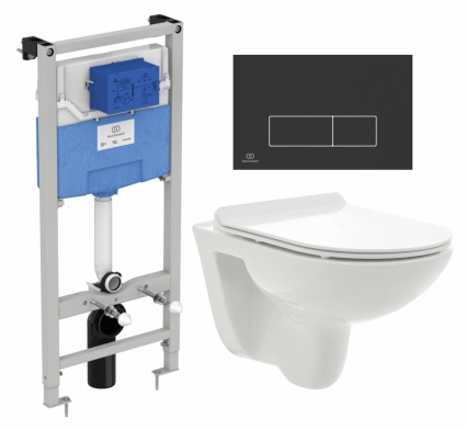 Комплект 3 в 1 инсталляция Ideal Standard +  Унитаз подвесной AQUAme AQM2008 + кнопка черная
