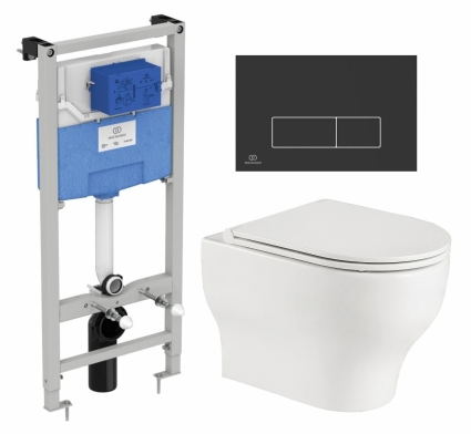 Комплект 3 в 1 инсталляция Ideal Standard + Подвесной унитаз WeltWasser Erlenbach 004 GL-WT + кнопка черная