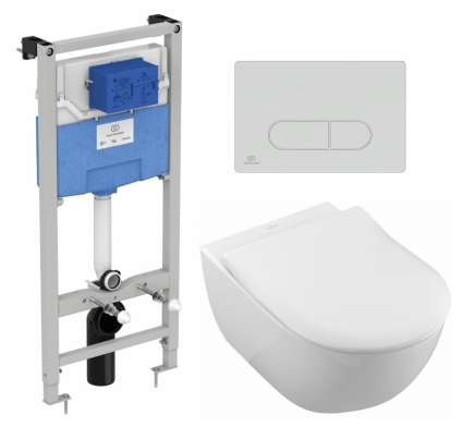 Комплект 3 в 1 инсталляция Ideal Standard + Унитаз подвесной Villeroy & Boch Subway 2.0 5614R201 + кнопка хром