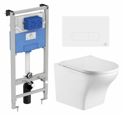 Комплект 3 в 1 инсталляция Ideal Standard +  Подвесной унитаз WeltWasser Odenbach 004 GL-WT + кнопка белая