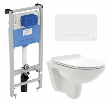 Комплект 3 в 1 инсталляция Ideal Standard + Унитаз подвесной AQUAme AQM2008 + кнопка белая