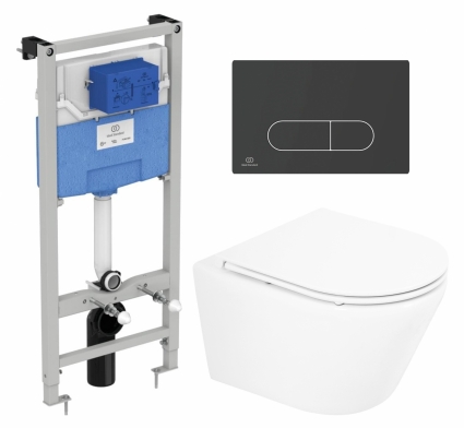 Комплект 3 в 1 инсталляция Ideal Standard + Унитаз подвесной BelBagno Tre BB8001CHR/SC + кнопка черная