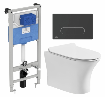 Комплект 3 в 1 инсталляция Ideal Standard +  Подвесной безободковый унитаз CeruttiSpa Bernina aria CT7191 + кнопка черная