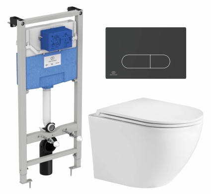 Комплект 3 в 1 инсталляция Ideal Standard +  Унитаз подвесной Weltwasser WW Merzbach 043GL-WT + кнопка черная