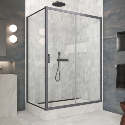 Душевой уголок Vegas Glass ZP+ZPV Protec 115*80 06 01 профиль вороненная сталь, стекло прозрачное, прямоугольный, двери раздвижные