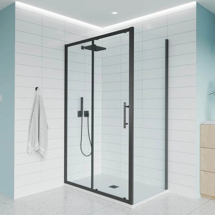 Душевой уголок Veconi Evo 100SP B 160х120 см, профиль матовый черный, стекло прозрачное, прямоугольный, двери раздвижные