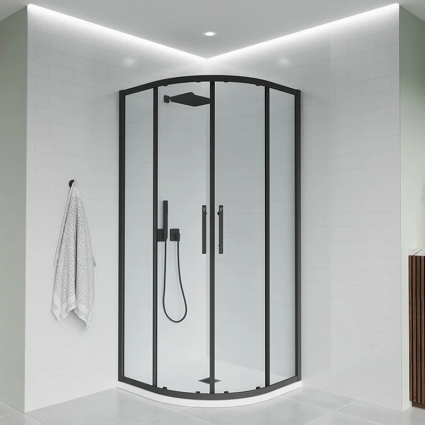 Душевой уголок Veconi Evo 200 B 100х100 см, профиль матовый черный, стекло прозрачное, четверть круга, двери раздвижные