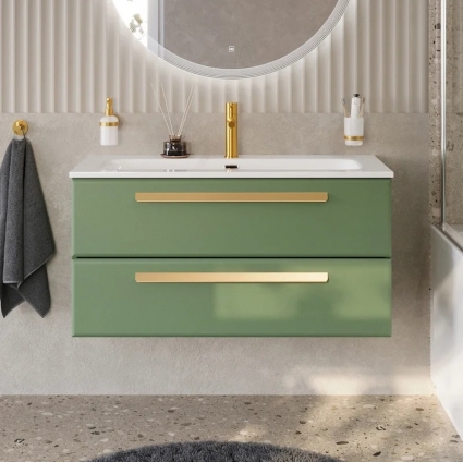 Тумба с раковиной Cezares Eco Cer-N 100 фисташковый софт, раковина Eco 100, ручки сатиновое золото, подвесная, матовая