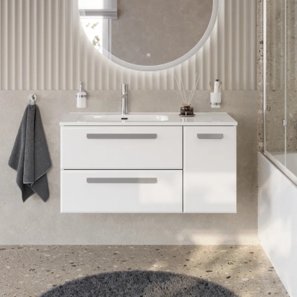 Тумба с раковиной Cezares Eco Cer-N 100 L 2 ящика, 1 дверца, bianco lucido, раковина Duet 100 L, ручки серые, подвесная, глянцевая