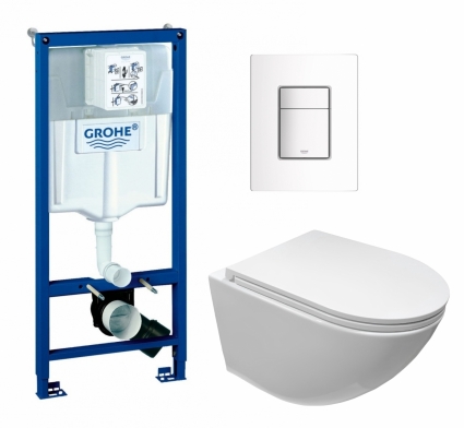 Комплект 3 в 1 инсталляция Grohe Rapid SL + Подвесной безободковый унитаз CeruttiSpa Sella aria CT7183 + кнопка белая