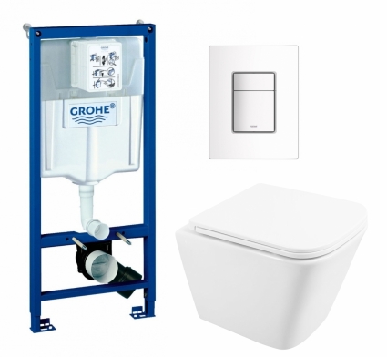 Комплект 3 в 1 инсталляция Grohe Rapid SL + Унитаз подвесной BelBagno Due BB3103CHR/SC + кнопка белая