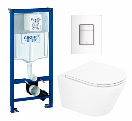 Комплект 3 в 1 инсталляция Grohe Rapid SL + Унитаз подвесной BelBagno Tre BB8001CHR/SC + кнопка белая
