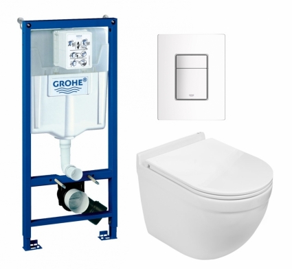 Комплект 3 в 1 инсталляция Grohe Rapid SL + Подвесной унитаз WeltWasser Heimbach 043 GL-WT + кнопка белая