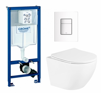 Комплект 3 в 1 инсталляция Grohe Rapid SL + Унитаз подвесной BelBagno Uno BB3105CHR/SC + кнопка белая