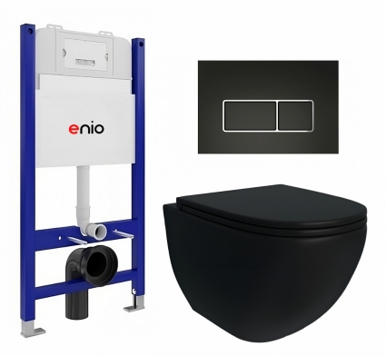 Комплект 3 в 1 инсталляция Enio Tecnico 50 + Унитаз подвесной Enio Unico BL Tornado EN4105057 + кнопка черная матовая, окантовка хром Rettangolo 