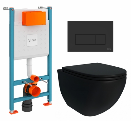 Комплект 3 в 1 инсталляция VitrA V-Fix Core + Унитаз подвесной Enio Unico BL Tornado EN4105057 + кнопка черная матовая Root Square