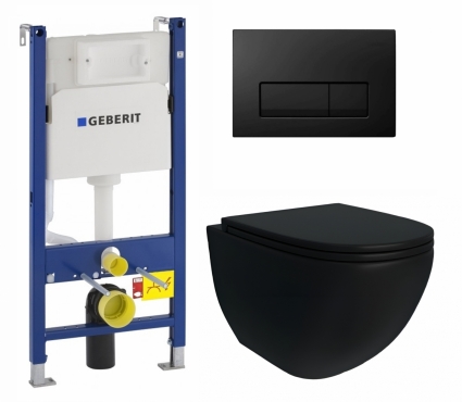 Комплект 3 в 1 инсталляция Geberit Duofix + Унитаз подвесной Enio Unico BL Tornado EN4105057 + кнопка черная глянцевая Delta51