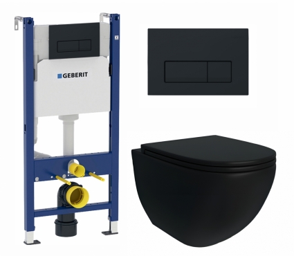 Комплект 3 в 1 инсталляция Geberit Duofix + Унитаз подвесной Enio Unico BL Tornado EN4105057 + кнопка чёрная матовая Delta50