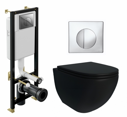 Комплект 3 в 1 инсталляция Cersanit Black + Унитаз подвесной Enio Unico BL Tornado EN4105057 + кнопка хром глянец
