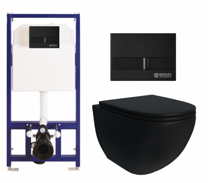 Комплект 3 в 1 инсталляция Berges Wasserhaus Novum L5 + Унитаз подвесной Enio Unico BL Tornado EN4105057 + кнопка чёрная