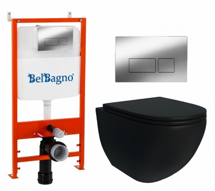 Комплект 3 в 1 инсталляция BelBagno BB026/BB041CR + Унитаз подвесной Enio Unico BL Tornado EN4105057 + кнопка хром глянцевый