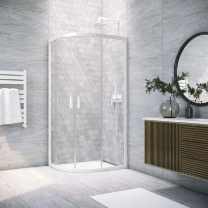 Душевой уголок Vegas Glass ZS-F Novo 120*100 01 01 профиль глянцевый белый, стекло прозрачное, четверть круга, двери раздвижные