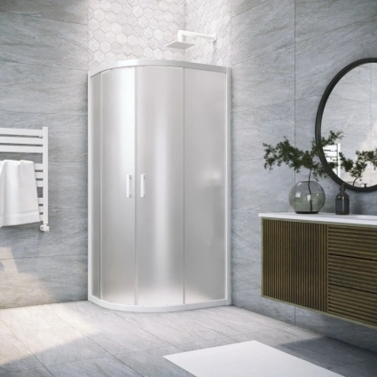 Душевой уголок Vegas Glass ZS-F Novo 120*90 01 10 профиль глянцевый белый, стекло сатин, четверть круга, двери раздвижные