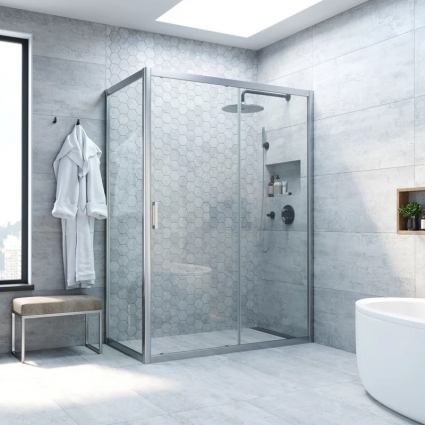 Душевой уголок Vegas Glass ZP+ZPV NOVO 110*100 07 01 профиль матовый хром, стекло прозрачное, прямоугольный, двери раздвижные