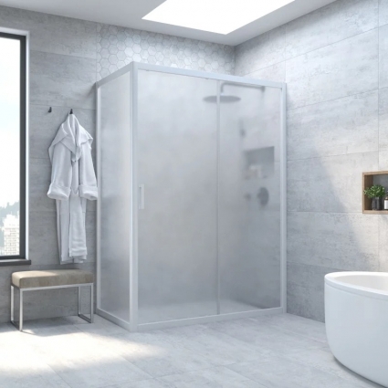 Душевой уголок Vegas Glass ZP+ZPV NOVO 100*100 01 10 профиль глянцевый белый, стекло сатин, прямоугольный, двери раздвижные