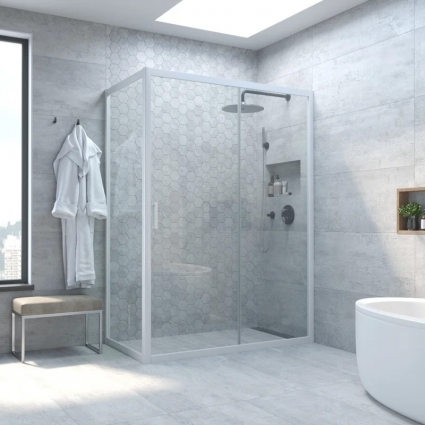 Душевой уголок Vegas Glass ZP+ZPV NOVO 100*70 01 01 профиль глянцевый белый, стекло прозрачное, прямоугольный, двери раздвижные