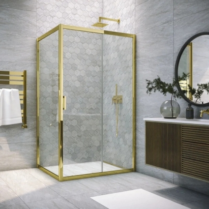Душевой уголок Vegas Glass ZP+ZPV Tur Novo h190 120*100 09 01 профиль глянцевое золото, стекло прозрачное, прямоугольный, двери раздвижные