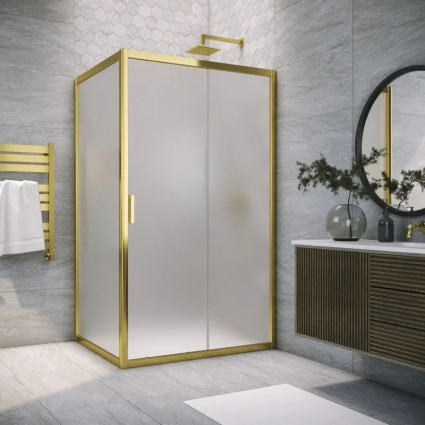 Душевой уголок Vegas Glass ZP+ZPV Tur Novo h190 110*90 09 10 профиль глянцевое золото, стекло сатин, прямоугольный, двери раздвижные