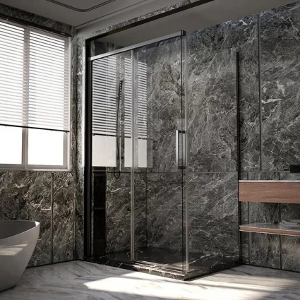 Душевой уголок Veconi Premium Trento PTC-SP-40GR 150x90, профиль брашированный графит, стекло прозрачное, двери раздвижные