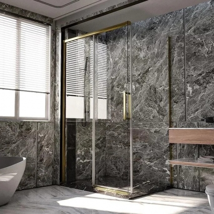 Душевой уголок Veconi Premium Trento PTC-SP-40G 150x100, профиль брашированное золото, стекло прозрачное, двери раздвижные