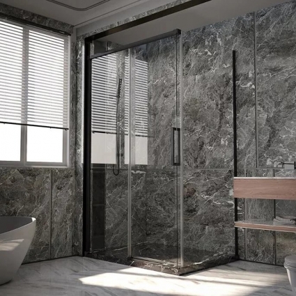 Душевой уголок Veconi Premium Trento PTC-SP-40B 150x80, профиль черный матовый, стекло прозрачное, двери раздвижные