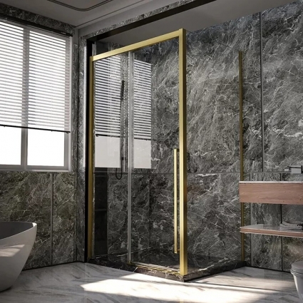 Душевой уголок Veconi Premium Trento PTC-SP-30G 150x90, профиль брашированное золото, стекло прозрачное, двери раздвижные