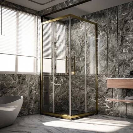 Душевой уголок Veconi Premium Trento PTC-20G 120x80, профиль брашированное золото, стекло прозрачное, двери раздвижные