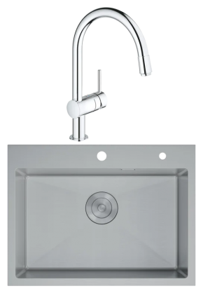 Комплект Мойка D&K DKS605004 сатин + Смеситель Grohe Minta 3291800E хром брашированная, прямоугольная