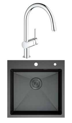 Комплект Мойка D&K DKS505006 графит + Смеситель Grohe Minta 3291800E хром брашированная, квадратная