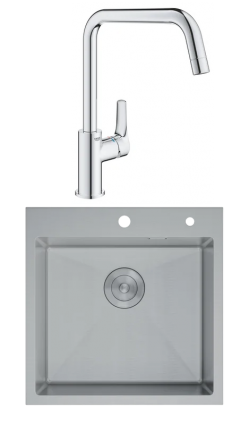 Комплект Мойка D&K DKS505004 сатин + Смеситель Grohe Eurosmart 30567000 брашированная, квадратная