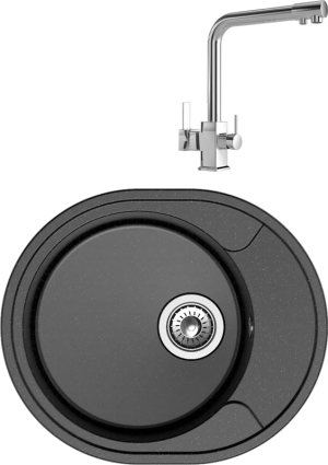 Reflexion Комплект Мойка Reflection Allonge RF0658BL черная + Смеситель MEGA Life MG-TK06 хром овальная, с крылом