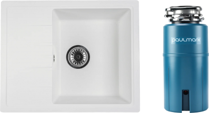 Комплект Мойка Reflexion Plato RX1457WH белая + Измельчитель Paulmark Intenso I-500 прямоугольная, с крылом