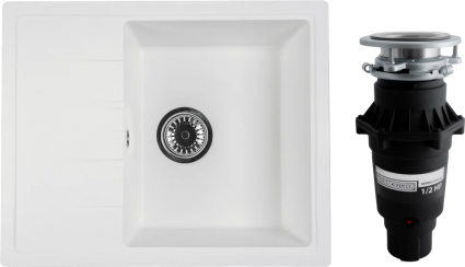 Комплект Мойка Reflexion Plato RX1457WH белая + Измельчитель Bone Crusher BC 810-SL Slim Line прямоугольная, с крылом