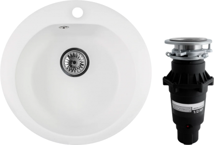 Комплект Мойка Reflexion Core RX1350WH белая + Измельчитель Bone Crusher BC 810-SL Slim Line круглая,  в современном стиле
