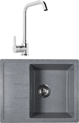 Комплект Мойка Reflexion Plato RX1457GR гравий + Смеситель MEGA Ege MG-PL10 хром прямоугольная, с крылом