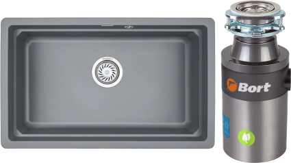 Комплект Мойка Granula Kitchen Space 7303U, алюминиум + Измельчитель Bort Titan 4000 Control, матовая, прямоугольная