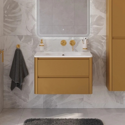 Тумба с раковиной Cezares Relax 80 подвесная, 2 ящика, брашированное золото, матовая, с доводчиками