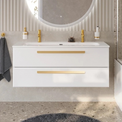 Тумба с раковиной Cezares Eco Cer-N 120 bianco lucido, раковина Eco 120-1-2, ручки сатиновое золото, подвесная, глянцевая